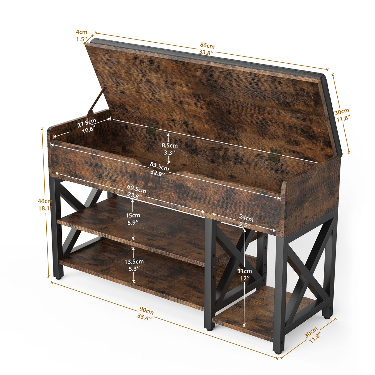 astimey Shoe Bench, Lift Top Shoe Storage Bench, Adjustable Shelf Entryway Bench, Metal and Wood Shoe Rack Organizer with Cushion for Entry, Bedroom, Closet, Living Room, Hallway (Brown, 35.5“W) astimey