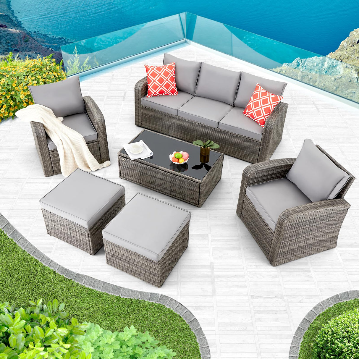 HOMREST 6 Pieces Patio Furniture Sets, All Weather Wicker Patio Conversation Sets with Storage Glass Coffee Table, Outdoor Sectional Sofa w/Ottomans, Cushions & Pillows for Garden, Lawn, Balcony HOMREST