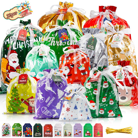 Koncci 32pcs Gift Christmas Bags, 5 Assorted Sizes Holiday Xmas Gift Bags with Tags, Christmas Drawstring Bags for Gifts Wrapping Party Presents Decorations - Large Medium Small Koncci