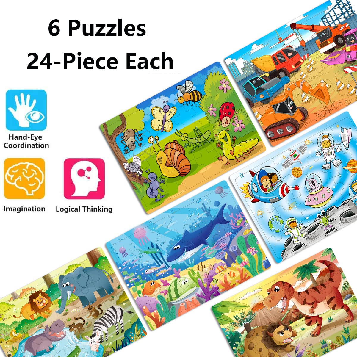 Puzzles for Kids Ages 3-5, 24 Piece Colorful Wooden Puzzles for Toddler Children Learning Educational Puzzles Toys for Boys and Girls (6 Puzzles) RANSUNN