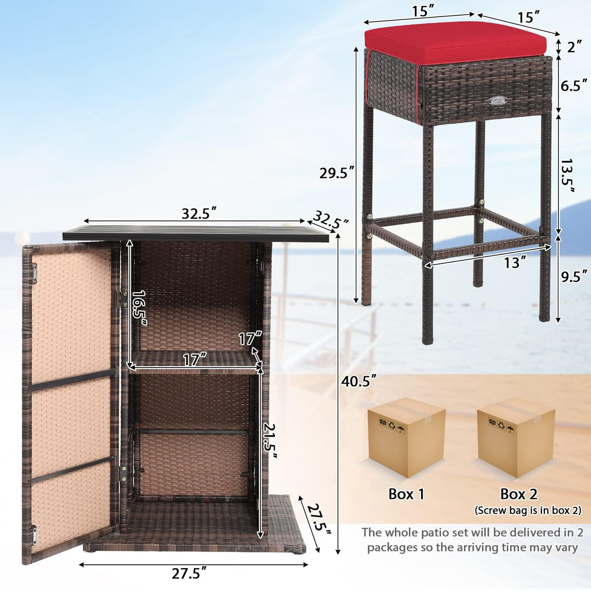 HAPPYGRILL 5 Pieces Rattan Bar Set, Outdoor Wicker Bar Table and 4 Bar Stools, Heavy-Duty Steel Frame, Patio Bar Furniture Set with Cushions HAPPYGRILL