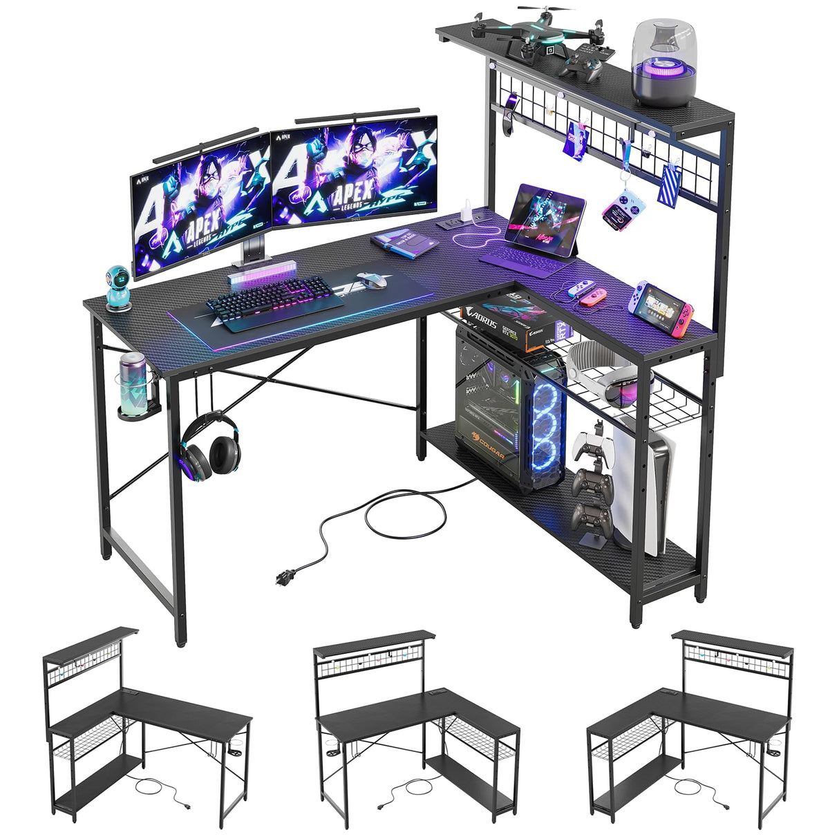 Bestier L Shaped Gaming Desk with Power Outlets, 51 inch Large LED Computer Desk Reversible Corner Desk with 4 Tiers Storage Shelves, Gamer Desk with Headset Hooks and Cup Holder, Carbon Fiber Black Bestier