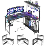 Bestier L Shaped Gaming Desk with Power Outlets, 51 inch Large LED Computer Desk Reversible Corner Desk with 4 Tiers Storage Shelves, Gamer Desk with Headset Hooks and Cup Holder, Carbon Fiber Black Bestier