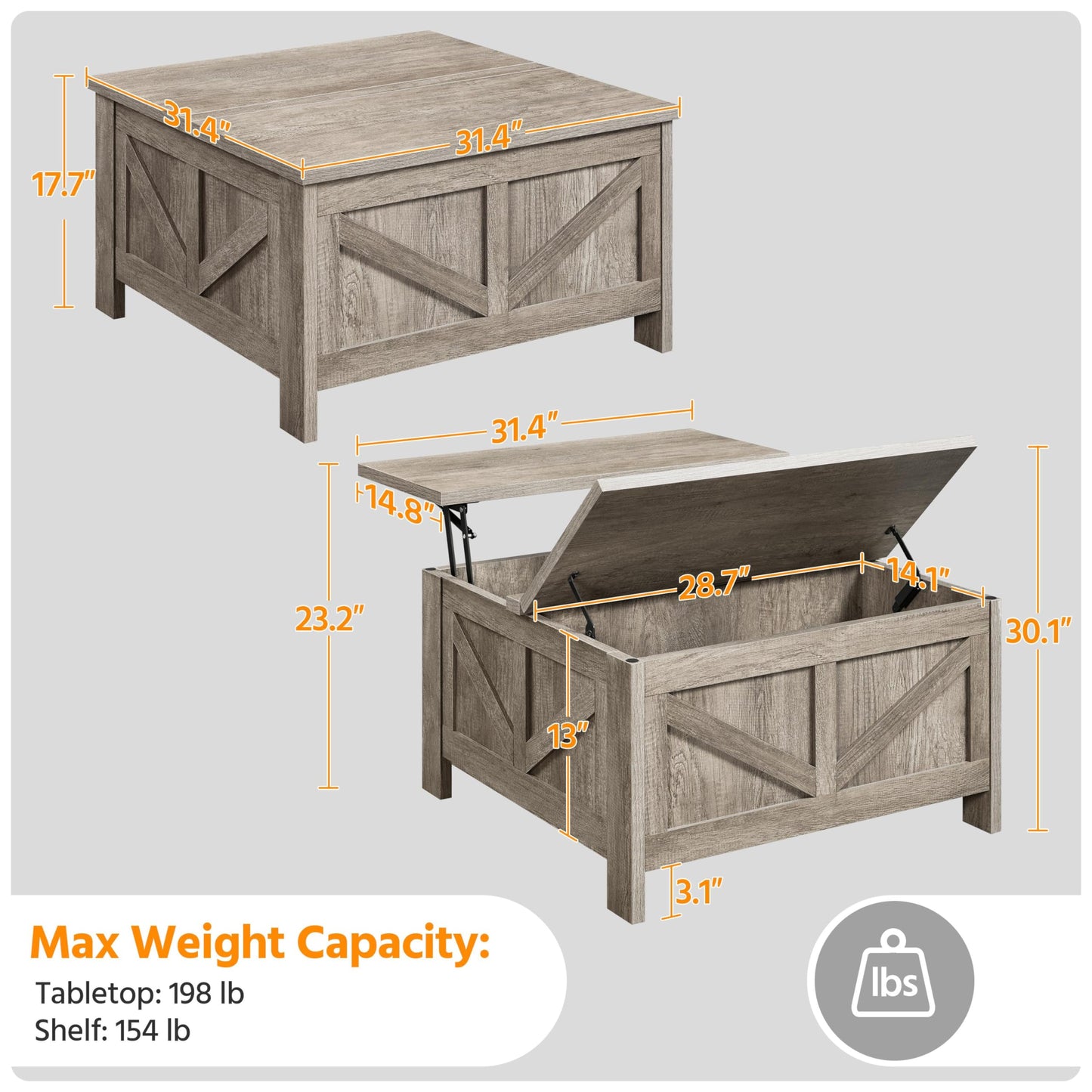 Yaheetech Lift Top Coffee Table, Square Farmhouse Coffee Table with Hidden Storage Compartment, Wood Center Table for Living Room, Home Office, Gray - WoodArtSupply