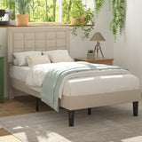 VECELO Twin Size Bed Frame with Adjustable Headboard, Upholstered Button Tufted Platform Bedframe with Wood Slats Support, No Box Spring Needed, Beige VECELO