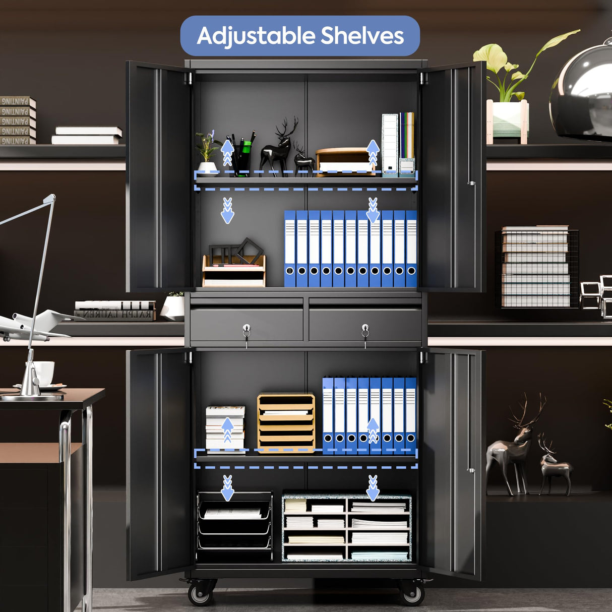 GLADIW Metal Storage Cabinet with Wheels, Steel Storage Cabinet with 2 Drawers and 2 Adjustable Shelves for Homes, Offices, Kitchens, Schools and Pantries GLADIW