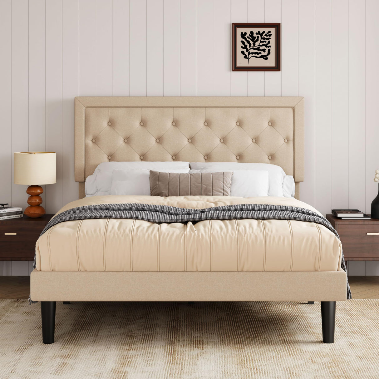 Allewie Queen Size Button Tufted/Fabric Upholstered Bed Frame with Adjustable Headboard/Wood Slat Support/Mattress Foundation/Beige Allewie