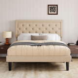 Allewie Queen Size Button Tufted/Fabric Upholstered Bed Frame with Adjustable Headboard/Wood Slat Support/Mattress Foundation/Beige Allewie