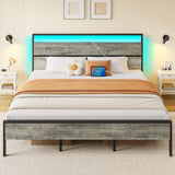 Rolanstar King Bed Frame with Headboard, Bed Frame King with LED Lights, Camas King Size Bed with Charging Station, Solid Metal Slats, Noise Free, No Box Spring Needed, Grey Rolanstar