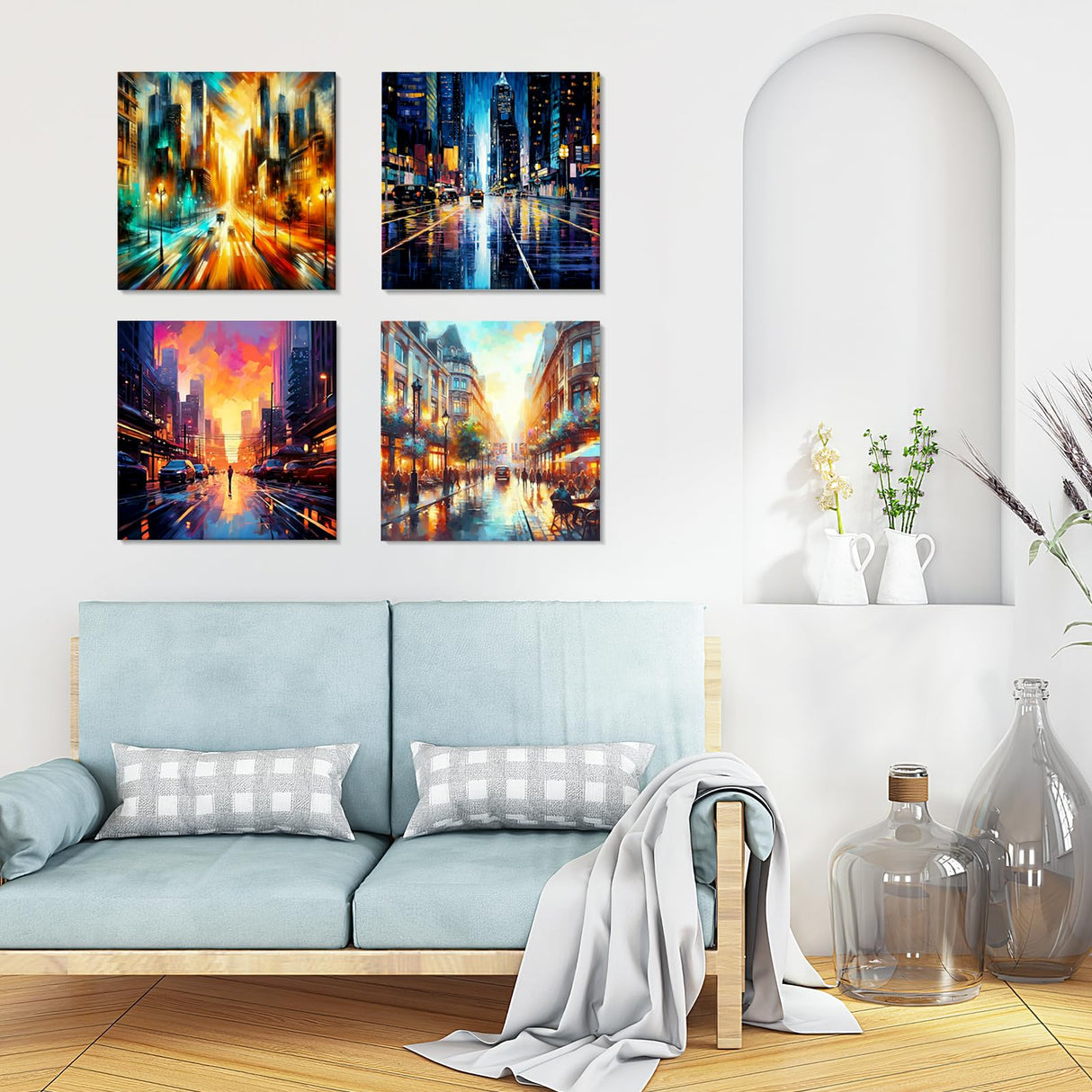 GHHKUD 4 Pack Cityscape Paint by Numbers with Frame for Adults Kids, Paint by Numbers Night Street for Kids Ages 8-12, DIY Acrylic Paint Children Beginner Gifts Home Wall Decor 20x20cm GHHKUD