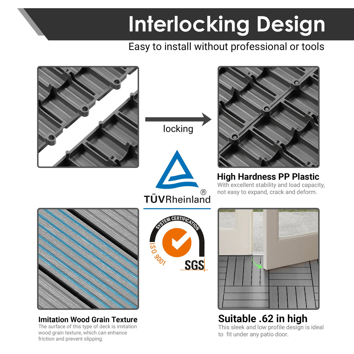 PrimeZone 54 PCS Plastic Interlocking Patio Deck Tiles - 12" x 12" Waterproof Indoor Outdoor Flooring, Patio Floor Decking for Balcony, Backyard, Garden & Poolside, All Weather Use, Grey PrimeZone
