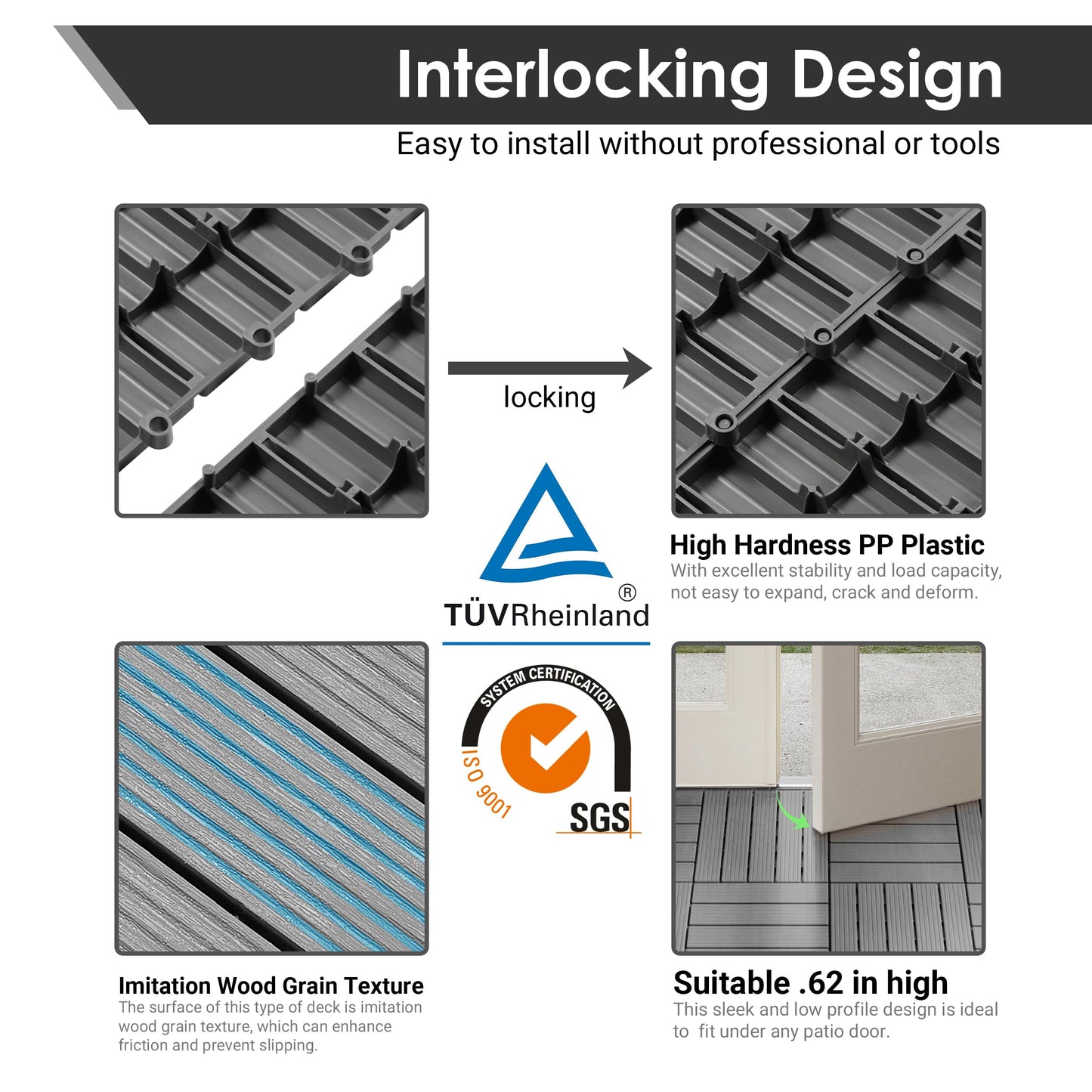 PrimeZone 54 PCS Plastic Interlocking Patio Deck Tiles - 12" x 12" Waterproof Indoor Outdoor Flooring, Patio Floor Decking for Balcony, Backyard, Garden & Poolside, All Weather Use, Dark Grey