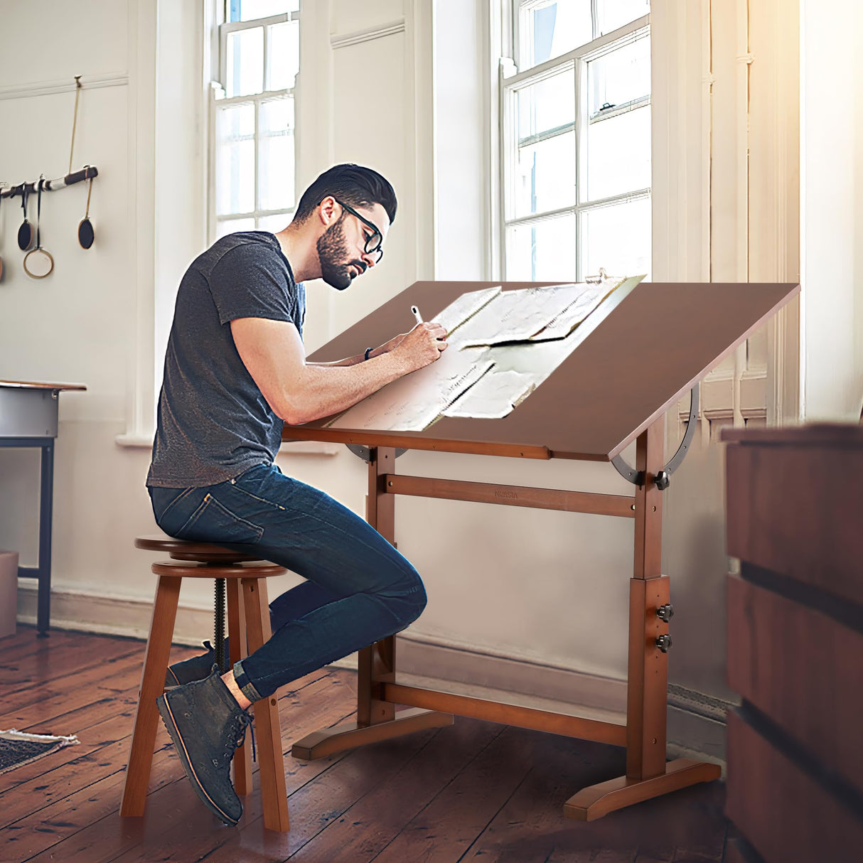 VISWIN 30" x 42" Extra-Large Artist Drafting Table, Adjustable Height & Angle, Solid Pine Wood Drawing Table, Art Table for Adults, Tilts Flat, Craft Table for Painting, Writing, Reading VISWIN