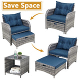 FYRICKYLINOO 5 Pieces Wicker Outdoor Patio Chairs Set with Ottoman, All Weather PE Rattan Patio Conversation Furniture Set Outdoor Furniture Set with Hidden Ottoman, Blue FYRICKYLINOO