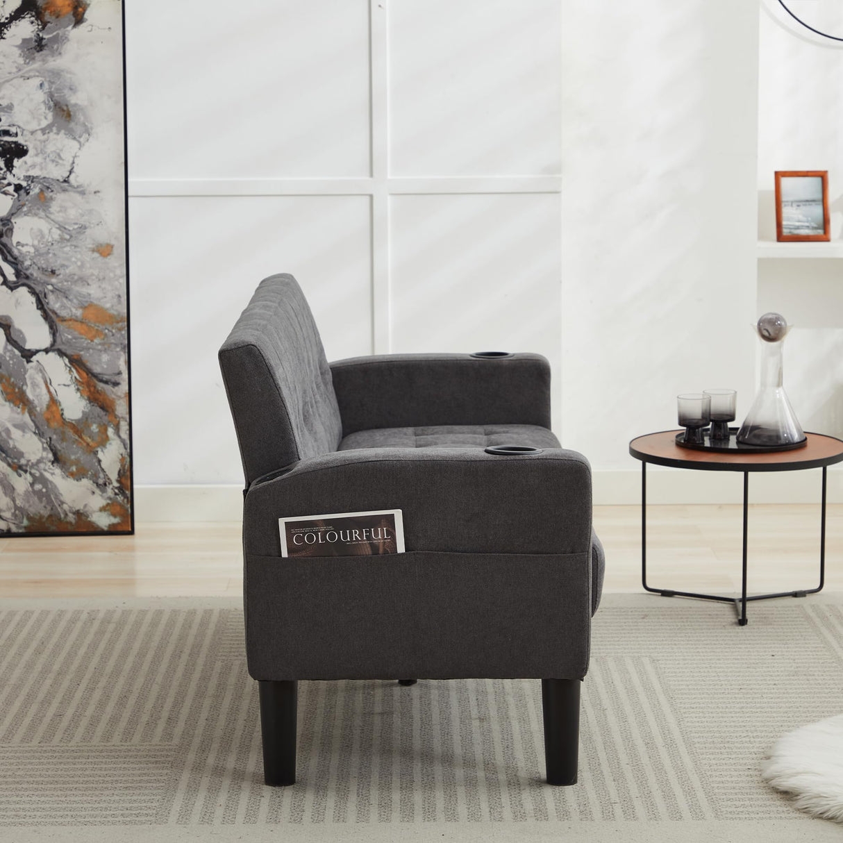 TYBOATLE 62 Inch Linen Upholstered Tufted Mid-Century Modern Loveseat Sofa w/ 2 USB Charger Ports and 2 Cupholders, Small Love Seat Couches for Living Room, Bedroom, Apartment, Dorm (Dark Grey) TYBOATLE