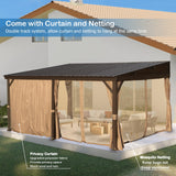 SHPAI 12’ x 16’ Lean to Gazebo, Outdoor Wall Mounted Gazebo Aluminum Frame, Hardtop Pergola with Galvanized Steel Sloping Roof for Patio Deck Garden Backyard, Curtain and Netting Included SHPAI