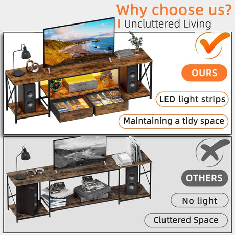 DSAFGGY LED TV Stand with Fabric Drawers, Entertainment Center for 65 70 75 Inches Television Stands with Storage Shelves for Living Room, Bedroom, TV Console Table 63" Rustic Brown DSAFGGY