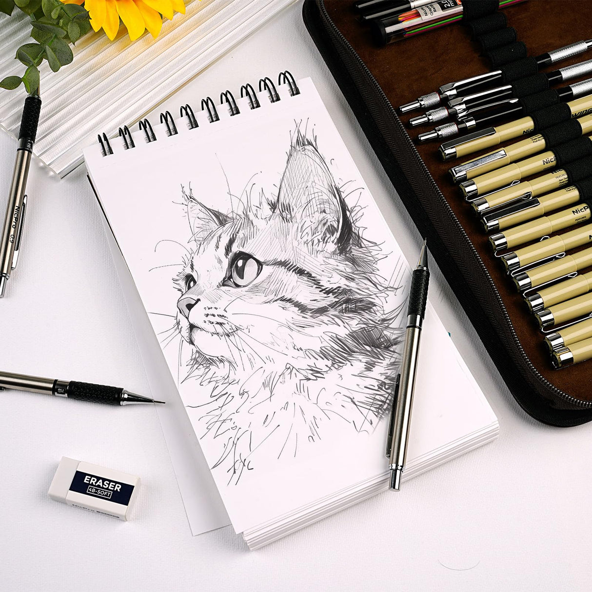 Nicpro 58 PCS Art Drawing Supplies Kit in Leather Case, Art Mechanical Pencil Set with 6 Metal Drafting Pencil 0.5 & 0.7 & 0.9 & 2mm, 12 Micron Pen, Sketch Book, 30 Tube Lead Refills for Sketching Nicpro