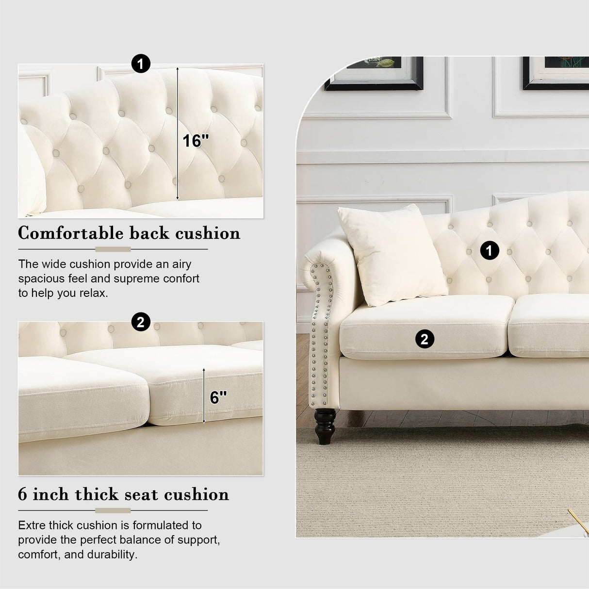 ATUMON 79" Chesterfield Sofa Couch for Living Room, 3-Seater Mid Century Modern Soft Velvet Tufted Sofa with Rolled Arms Nailhead & Two Pillows for Bedroom, Office & Coffee Bar, Beige ATUMON