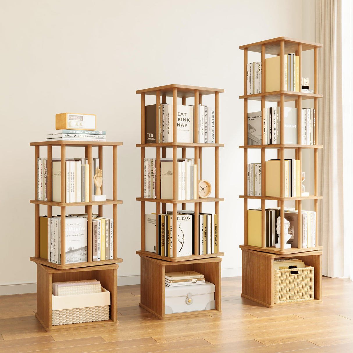 IOTXY 4-Tier Rotating Bookshelf Tower - Beech Wood Frame Spinning Bookcase with Storage Base, Tall Freestanding Revolving Shelf Organizer, Oak IOTXY