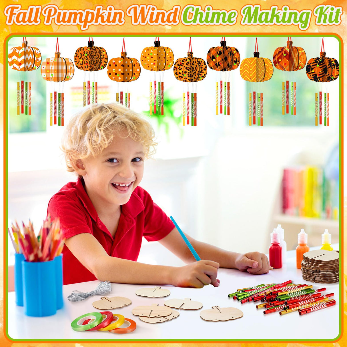 GlikCeil 128 Pcs Fall Crafts Pumpkin Wind Chime Making Kit Make Your Own Pumpkin Wind Chime Wooden Arts and Crafts Ornaments DIY to Paint Autumn Craft for Fall Autumn Thanksgiving Party GlikCeil