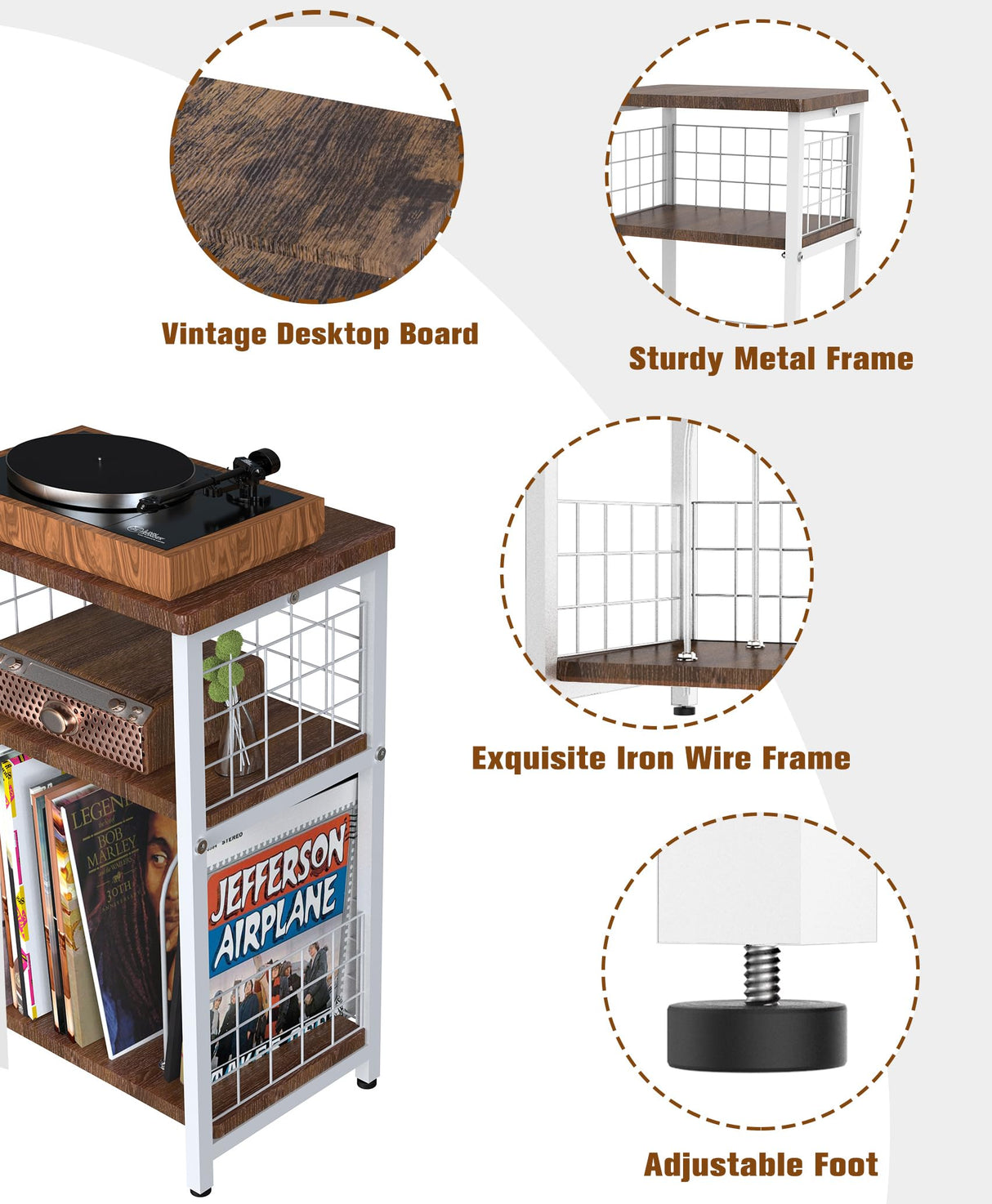 Tuohours Record Player Stand, 3 Tier End Table with Double Layer Iron Wire Mesh Turntable Stand Vinyl Record Table Storage Up to 100 Albums, Nightstand Small Side Table for Living Room Bedroom, White Tuohours