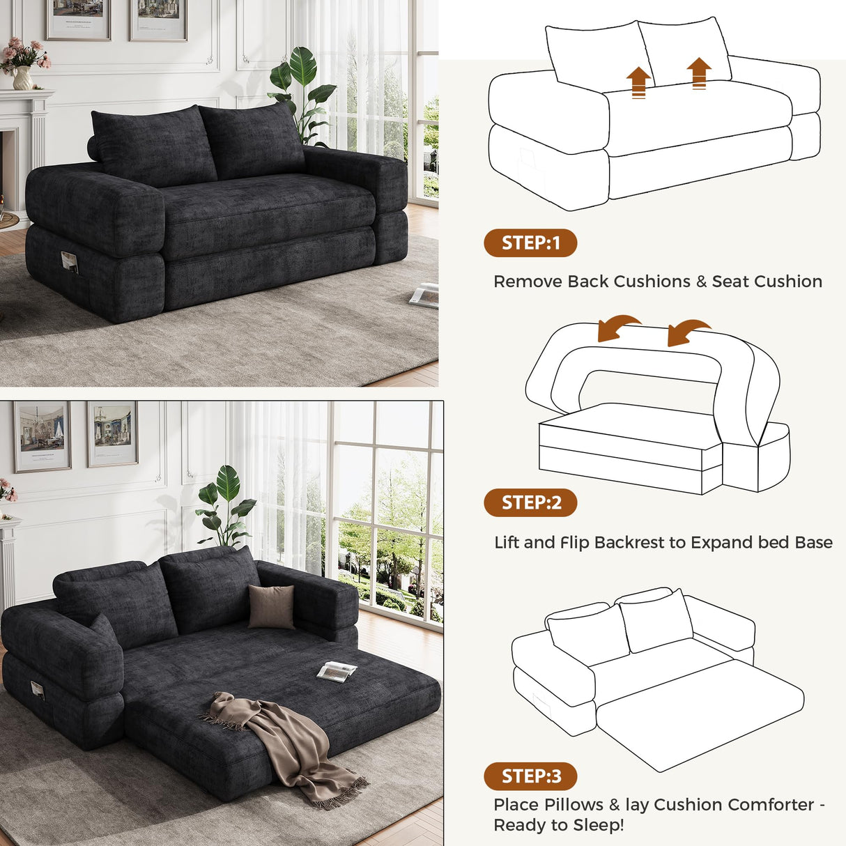 Jocoevol 75'' Queen Folding Convertible Sofa Bed with Large Pillow, 4-in-1 Floor Foldable Futon Sofa Bed, Chenille Boneless Mattress Couch, Floor Sleeper Sofa Chair Bed for Living Room/Bedroom, Black Jocoevol