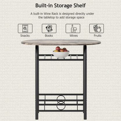 JUMMICO 3-Piece Wooden Round Table & Chair Set, Space Saving Kitchen Breakfast Nook Wood Grain Tabletop with Metal Frame and Built-in Wine Rack for Kitchen, Dining Room (Walnut/Black) - WoodArtSupply