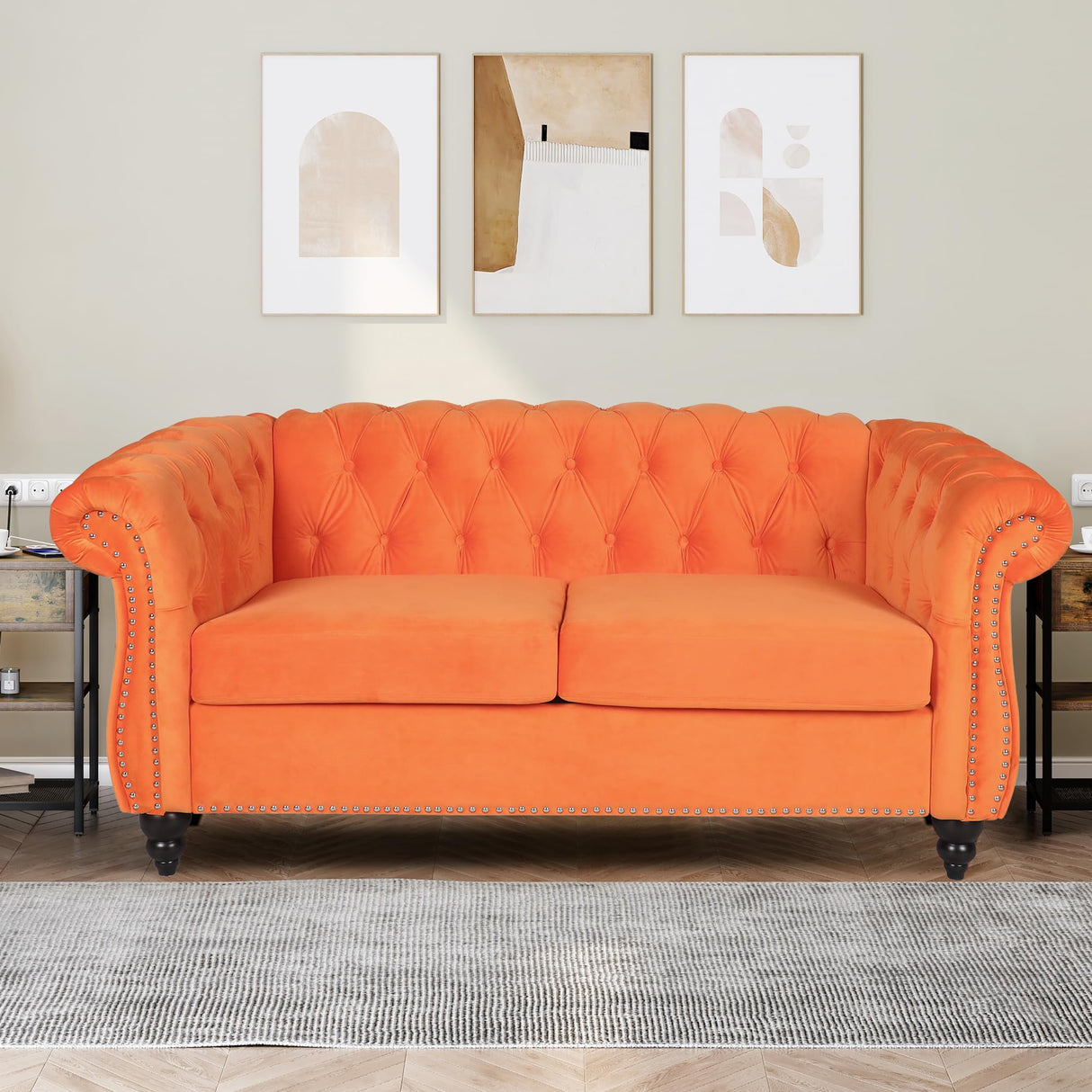 QHITTY Accent Sofa, Chesterfield Loveseat Modern Velvet Couch Upholstered Sofa with Tufted Back for Living Room Furniture (Orange) QHITTY