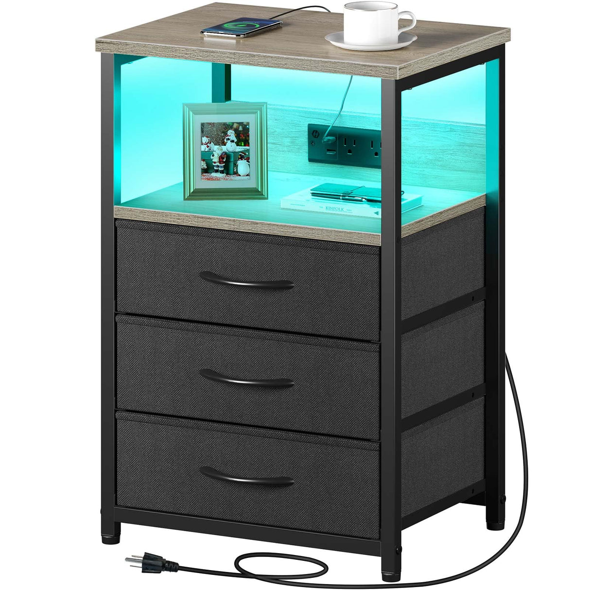 Seventable Nightstand with Charging Station and LED Light, Set of 2 Side Table with 3 Fabric Drawers, Bedside End Table with USB Ports and Outlets, Night Stand for Bedroom, Greige Seventable