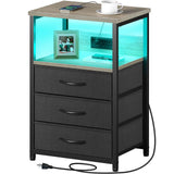 Seventable Nightstand with Charging Station and LED Light, Set of 2 Side Table with 3 Fabric Drawers, Bedside End Table with USB Ports and Outlets, Night Stand for Bedroom, Greige Seventable