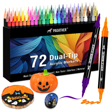 72 Colors Acrylic Paint Markers, Dual Tip with Fine Tip and Brush Tip Pens for Stone, Wood, Calligraphy, Canvas, Ceramic, Metal, Glass, Rock Painting, DIY Crafts Pagather