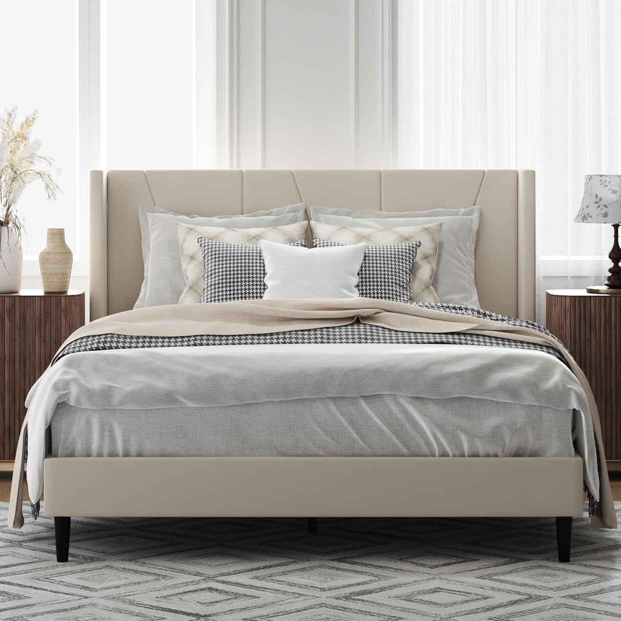 OLALITA Full Size Upholstered Platform Bed, Full Frame with Tufted Headboard, Sturdy Frame Wooden Slats, No Spring Mattress Required, Noiseless, Easy to Assemble, Beige OLALITA