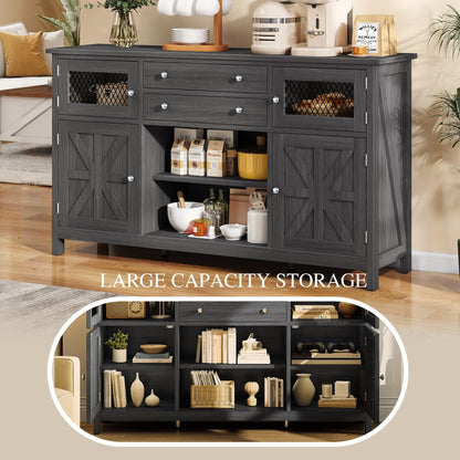 YITAHOME 59" Sideboard Cabinet, Farmhouse Buffet Cabinet with Storage, Kitchen Cabinet with 2 Large Drawers & Visual Grid Door, Coffee Bar Cabinet with Barn Door for Living Room, Dark Grey