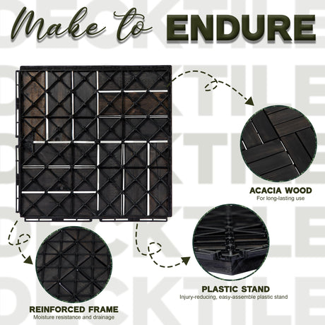 VICTORY RELAX Acacia Wood Flooring Interlocking Deck Tiles for Patio Decor 9 Pcs 12 Slats VR Black - Waterproof Indoor & Outdoor Decor - Balcony Garden Decking Tile (12.2 * 12.2 * 0.7 inches) VICTORY RELAX