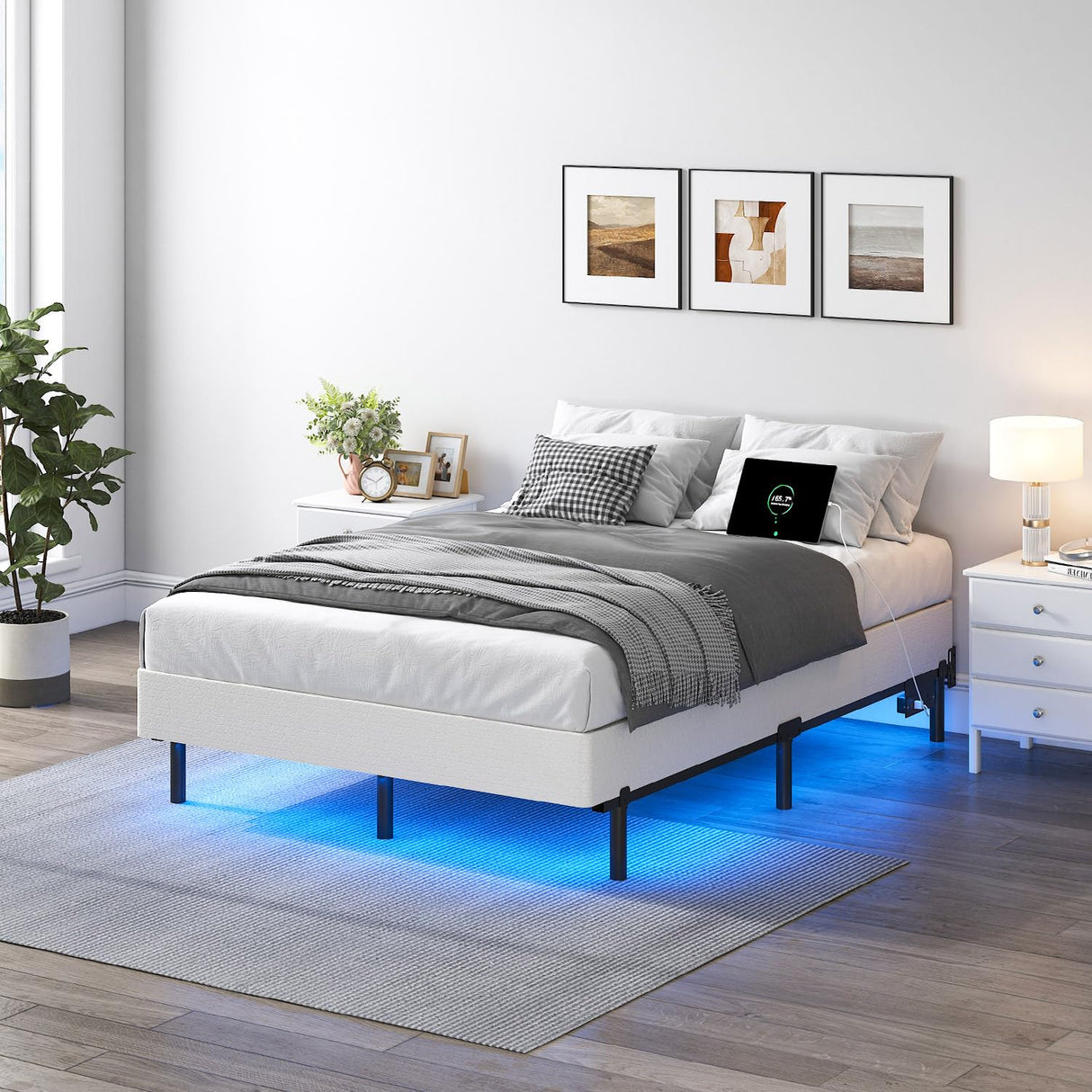 QEROMY Full Bed Frame for Box Spring, 7 Inch Metal Bed Frame with LED Lights, 9-Legs Support Bed Base, Tool-Free Easy Assembly QEROMY