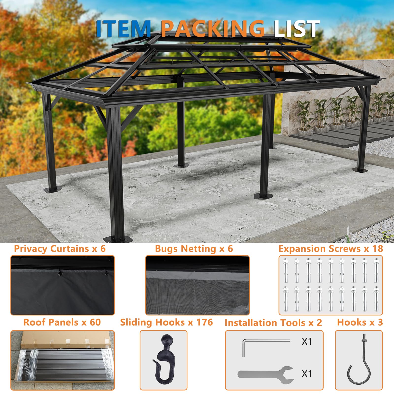 HOTEEL 12x20 Hardtop Gazebo with Heavy Duty Galvanized Steel Double Roof, Reinforced Aluminum Frame, Flame-Resistant Curtains and Netting, Outdoor Gazebo for Patio, Lawn, & Garden, Black (Upg - WoodArtSupply