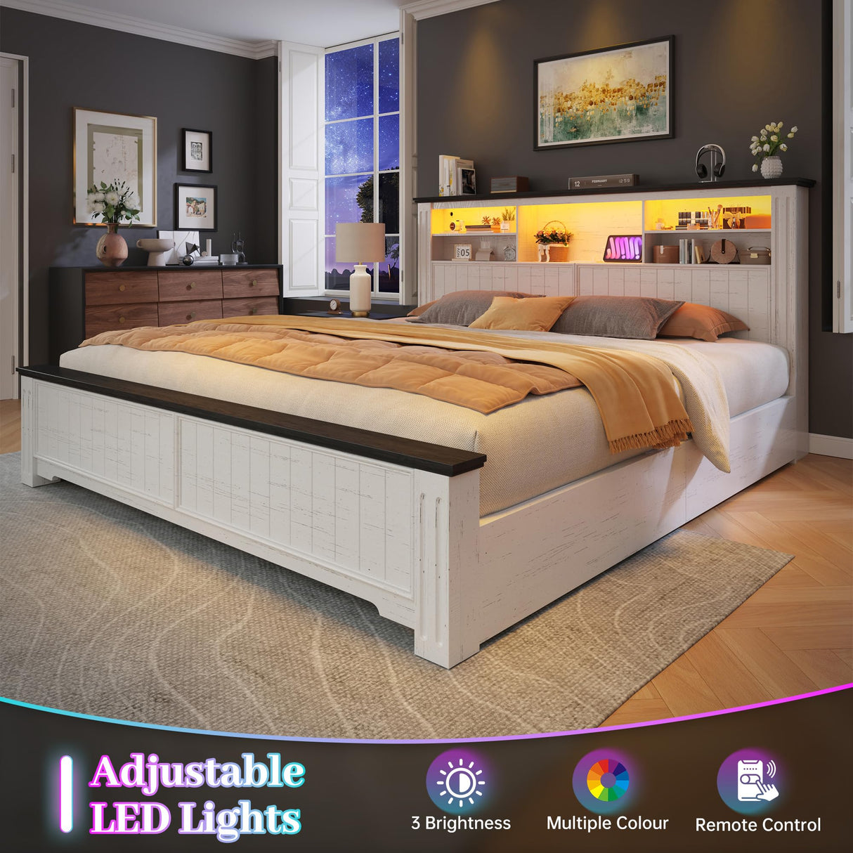 EnHomee King Bed Frame and Headboard, King Size Bed Frame with 4 Storage Drawers, King Bed King with LED Lights & Charging Ports,No Box Spring Needed,NO Noise,Wooden, White EnHomee