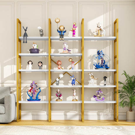 Semoic Large Bookshelf 5 Tiers, Triple Wide Geometric Bookcase, 71 Inches Tall Industrial Book Shelves Etagere Book Case, Sturdy Metal Frame, Freestanding Display Shelving Unit (Gold and White) Semoic