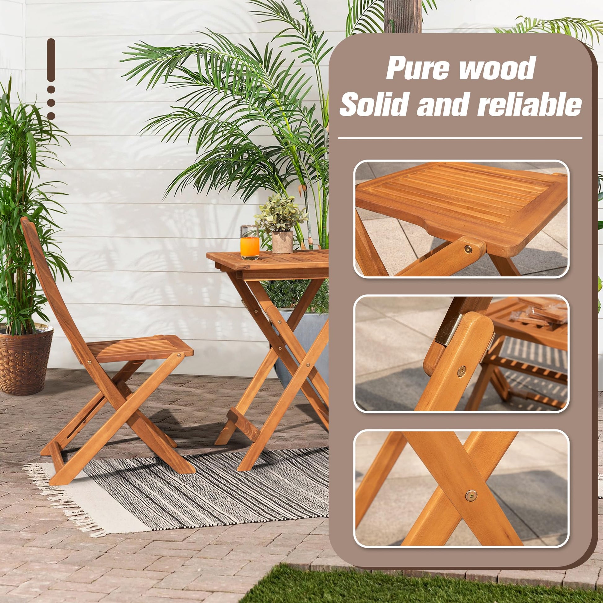 Devoko Outdoor 3 Piece Folding Patio Bistro Set Acacia Wood Bistro Table and Chairs Set of 2 for Garden Poolside Backyard Balcony Porch Deck - WoodArtSupply