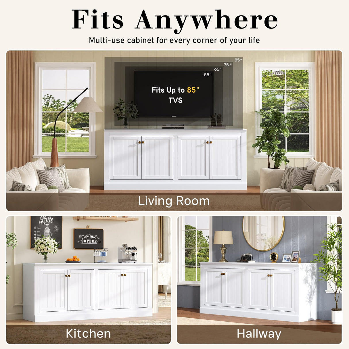 AMERLIFE 72" Farmhouse Sideboard Buffet Cabinet with Barn Doors, Storage Console Table with Adjustable Shelves, Coffee Bar/TV Stand for Living Room, Kitchen, Entryway, White AMERLIFE