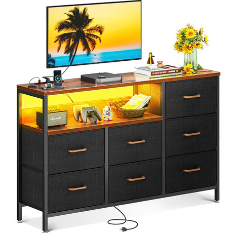 AODK TV Stand with LED Lights and Power Outlet, Long TV Stands for Living Room with 7 Large Storage Drawers and Shelves, Fabric TV Stand with Sturdy Frame and Wooden Top, Vintage AODK