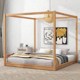 King Size Canopy Bed Frame, Wood Floor Canopy Bed Frame, Four Poster Canopy Platform Bed with Wooden Slats Support for Adults, Solid Wood 4-Poster Bed, Wood Floor Bed Frame with 4 Posters, Natural MaiDeHaoo