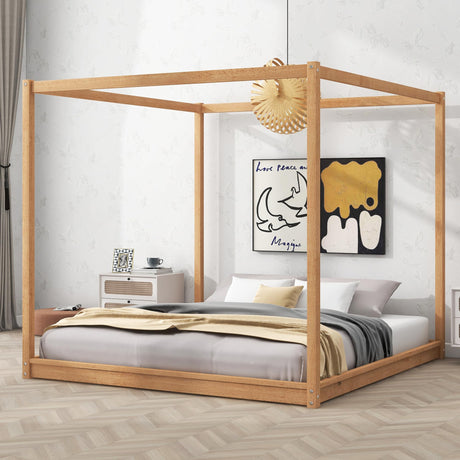 King Size Canopy Bed Frame, Wood Floor Canopy Bed Frame, Four Poster Canopy Platform Bed with Wooden Slats Support for Adults, Solid Wood 4-Poster Bed, Wood Floor Bed Frame with 4 Posters, Natural MaiDeHaoo