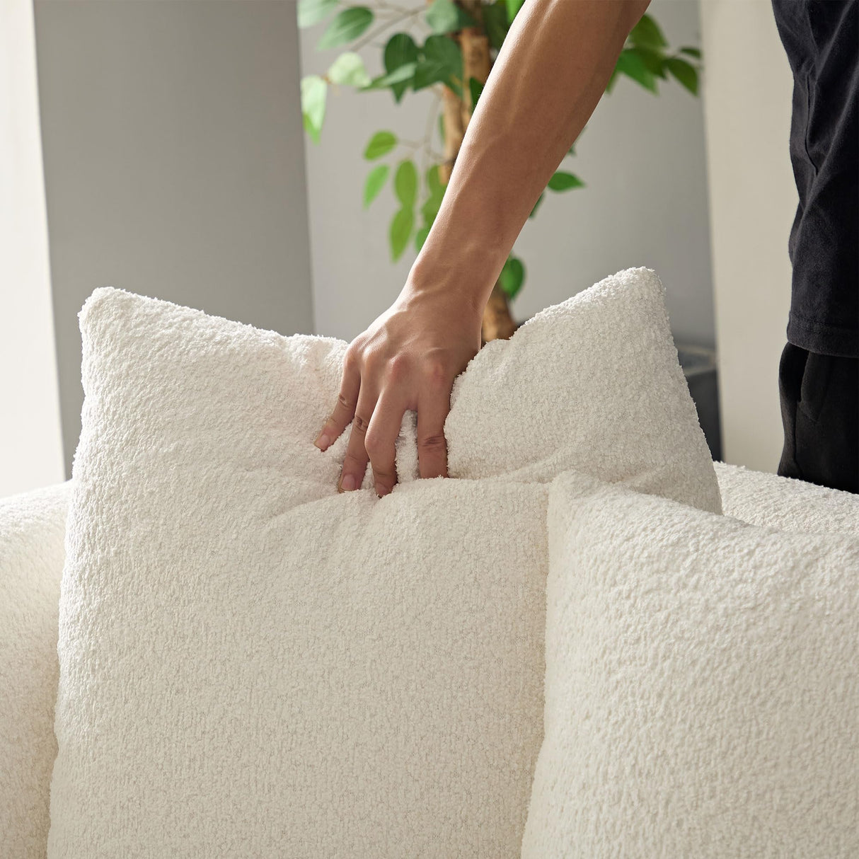 KEIKI 102" Curved Oversized Boucle Modular Sectional Sofa with 4 Throw Pillows, Mid-Century 4-Seater Upholstered Corner Plush Comfy Couch, Easy Assembly, for Apartment, Living Room, White KEIKI