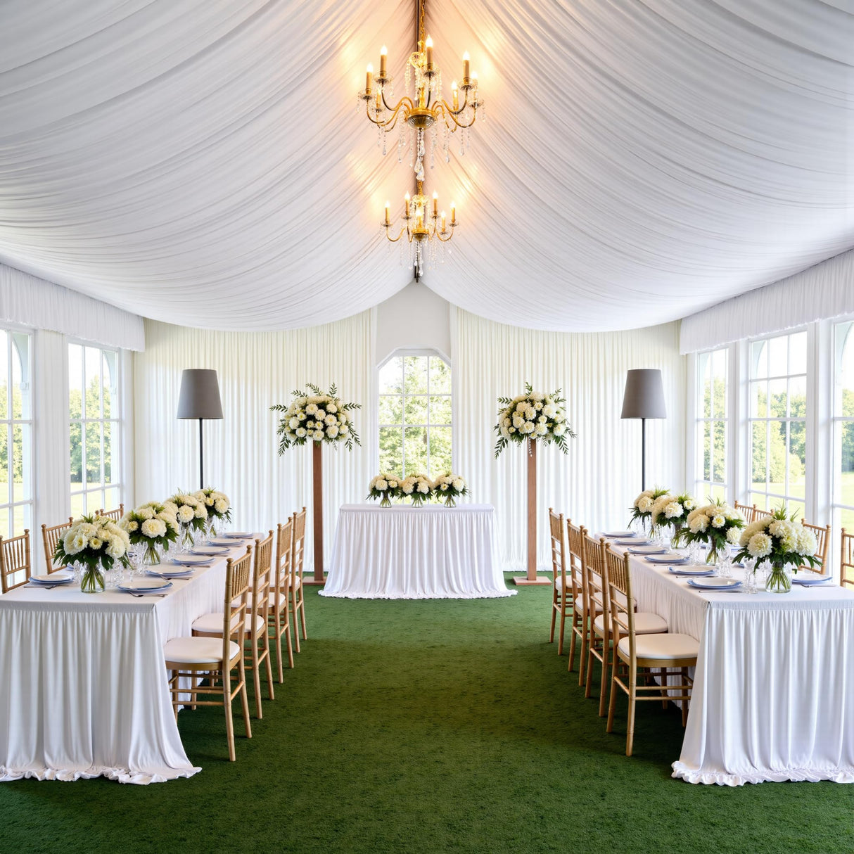 gogoparti 10x20ft White Ceiling Curtain Panels for Wedding, 2 Panels 5ftx20ft Party Wrinke Free Long Canopy Draping for Tent, Polyester White Ceiling Drapes for Birthday Event Decoration gogoparti