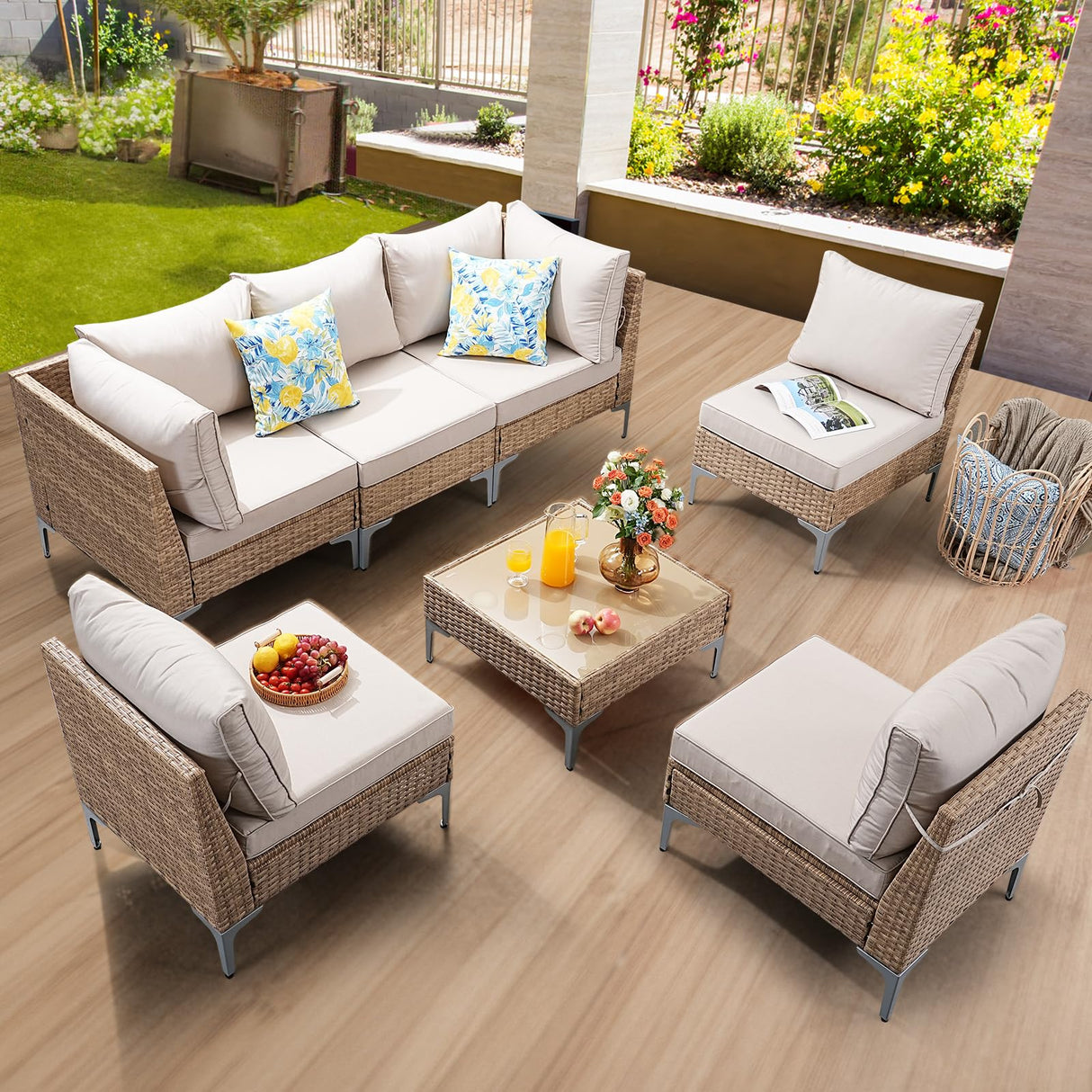SunloungeCo 7-Piece Patio Furniture Set, Outdoor Wicker Sectional Sofa with Coffee Table, Anti-Slip & Thick All-Weather Cushions for Sunroom,Garden,Backyard, Beige SunloungeCo