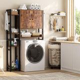 Over The Toilet Storage Cabinet with Doors - 7 Tier Bathroom Organizer with Adjustable Shelf, Freestanding Space Saver Rack Above Toilet Stand with 4 Hooks for Bathroom, Restroom, Laundry, Rustic Besiost