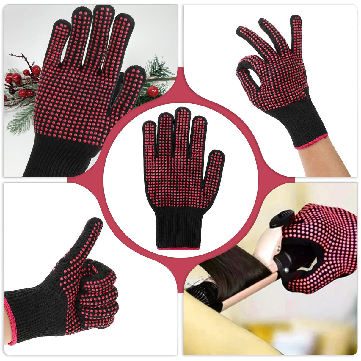 Ptwola 2 Pcs Heat Resistant Gloves with Non-Slip Silicone Bumps Professional Heat Blocking Fireproof Sublimation Gloves Mitts for Curling Wand Hot-Air Brushes Hair Styling Flat Iron Ptwola