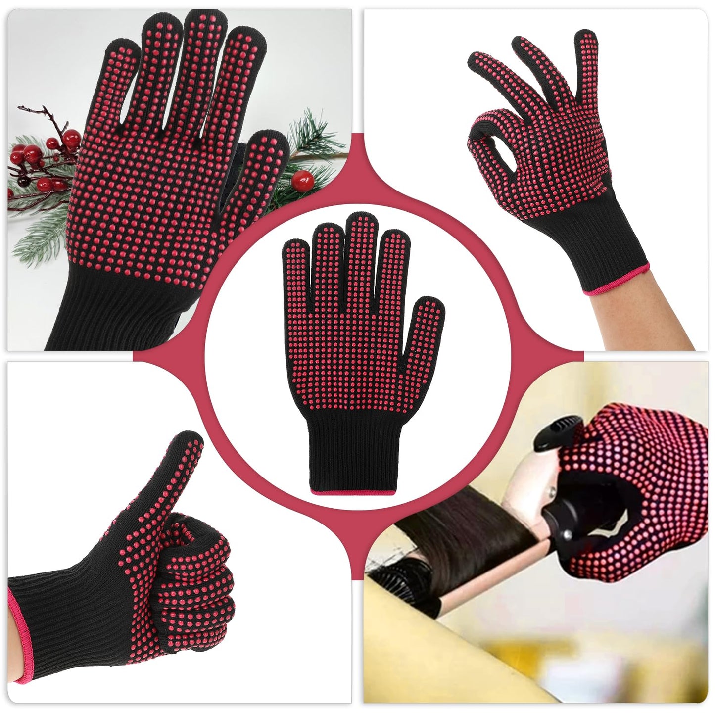 Ptwola 2 Pcs Heat Resistant Gloves with Non-Slip Silicone Bumps Professional Heat Blocking Fireproof Sublimation Gloves Mitts for Curling Wand Hot-Air Brushes Hair Styling Flat Iron